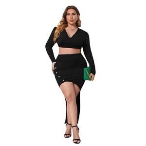 Shein Les Do Makeup 2 Piece Asymmetrical Slit Skirt and Crop Top Buttons Sz 4XL